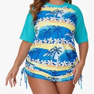 Tropical Blue and Yellow Plus Size Women's Swim Top Rash Guard
